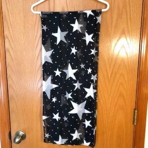 3/$15 Starry Night Silk Scarf Sheer Lines Big White Stars Oblong Black Polka Dot